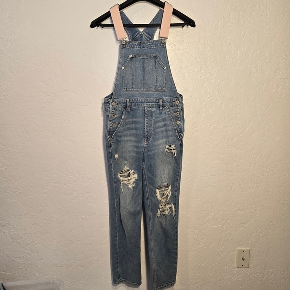 American Eagle 90s Boyfriend Overalls Small Womens Blue Distressed Pink Straps - Picture 2 of 13